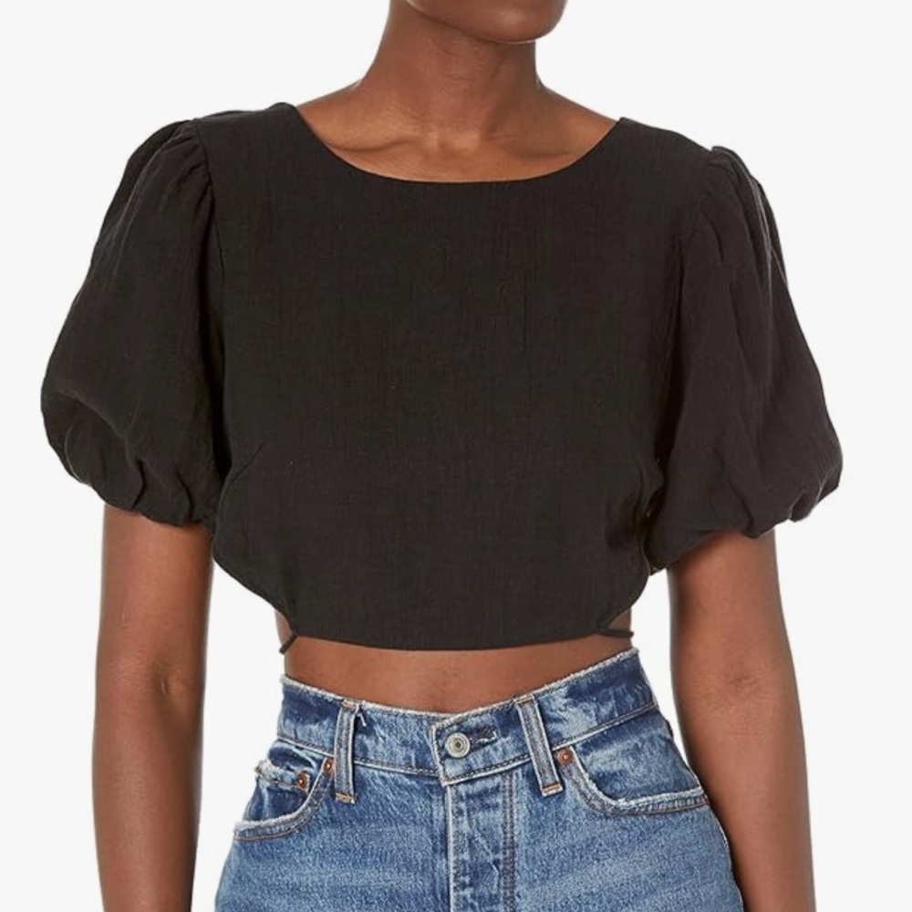 Astr the Label Simona crop top women’s black linen tie back short sleeve XS - Picture 1 of 7